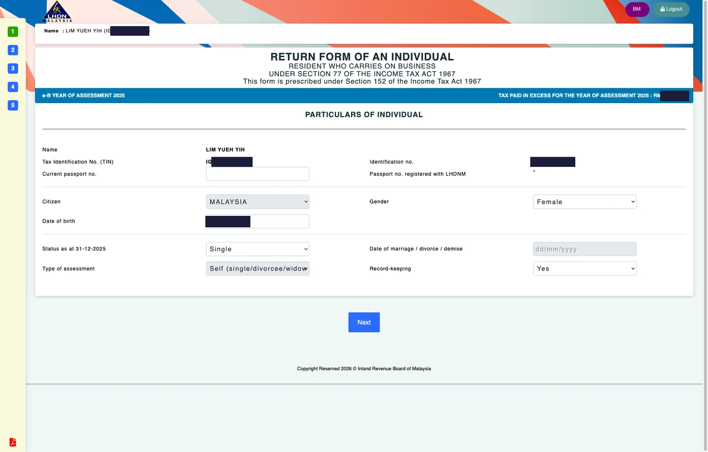 e-B Step 1: Particulars of Individual screen on MyTax with personal details redacted