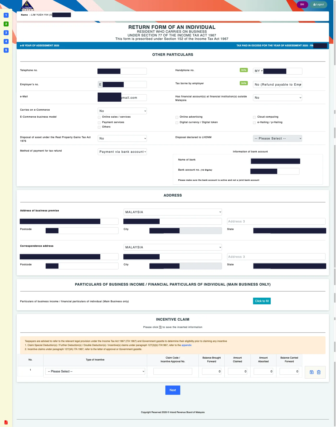 e-B Step 2: Other Particulars screen with contact, e-Commerce, bank account and address sections, personal details redacted