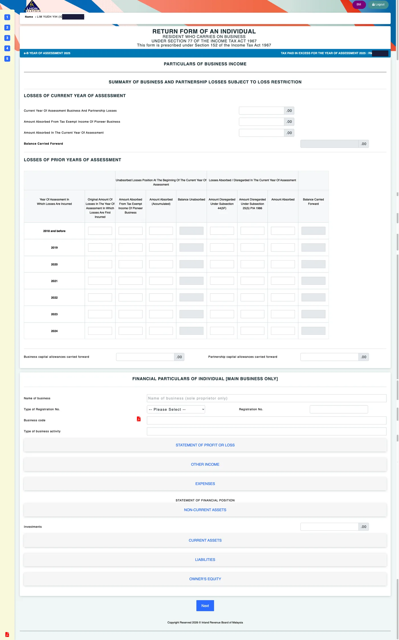 e-B business income sub-form showing loss summary and financial particulars sections