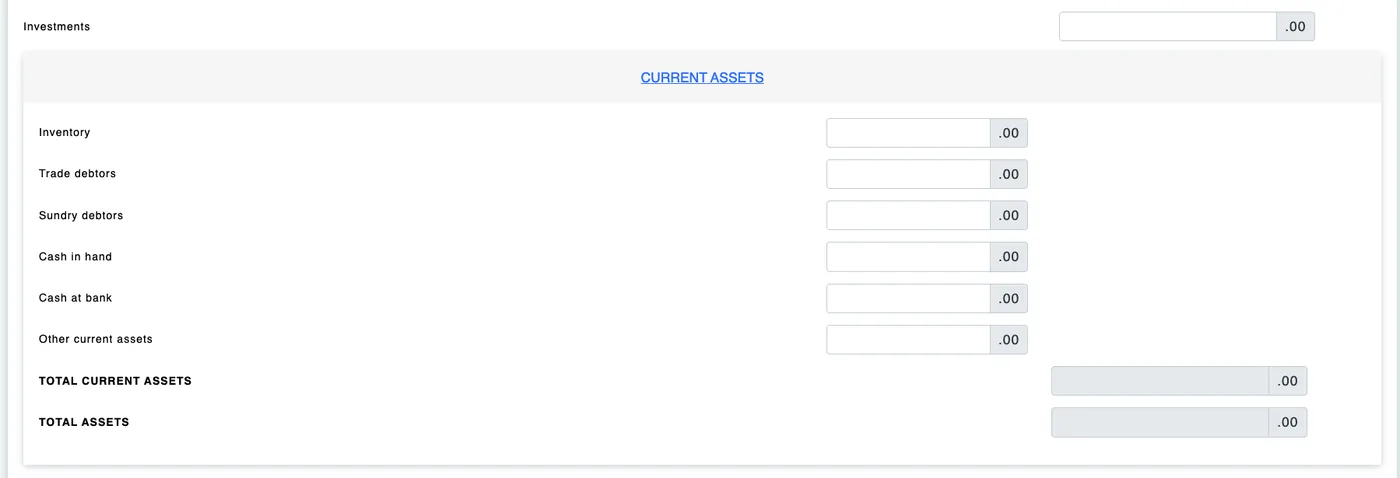 e-B Current assets section with inventory, debtors, cash in hand and cash at bank fields
