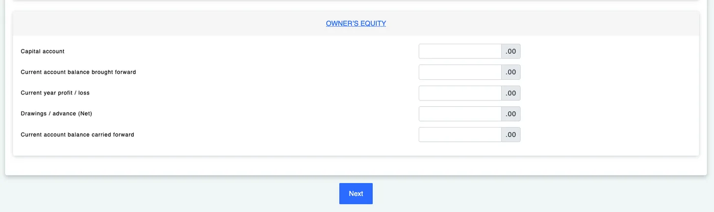 e-B Owner's equity section with capital account, profit and drawings fields