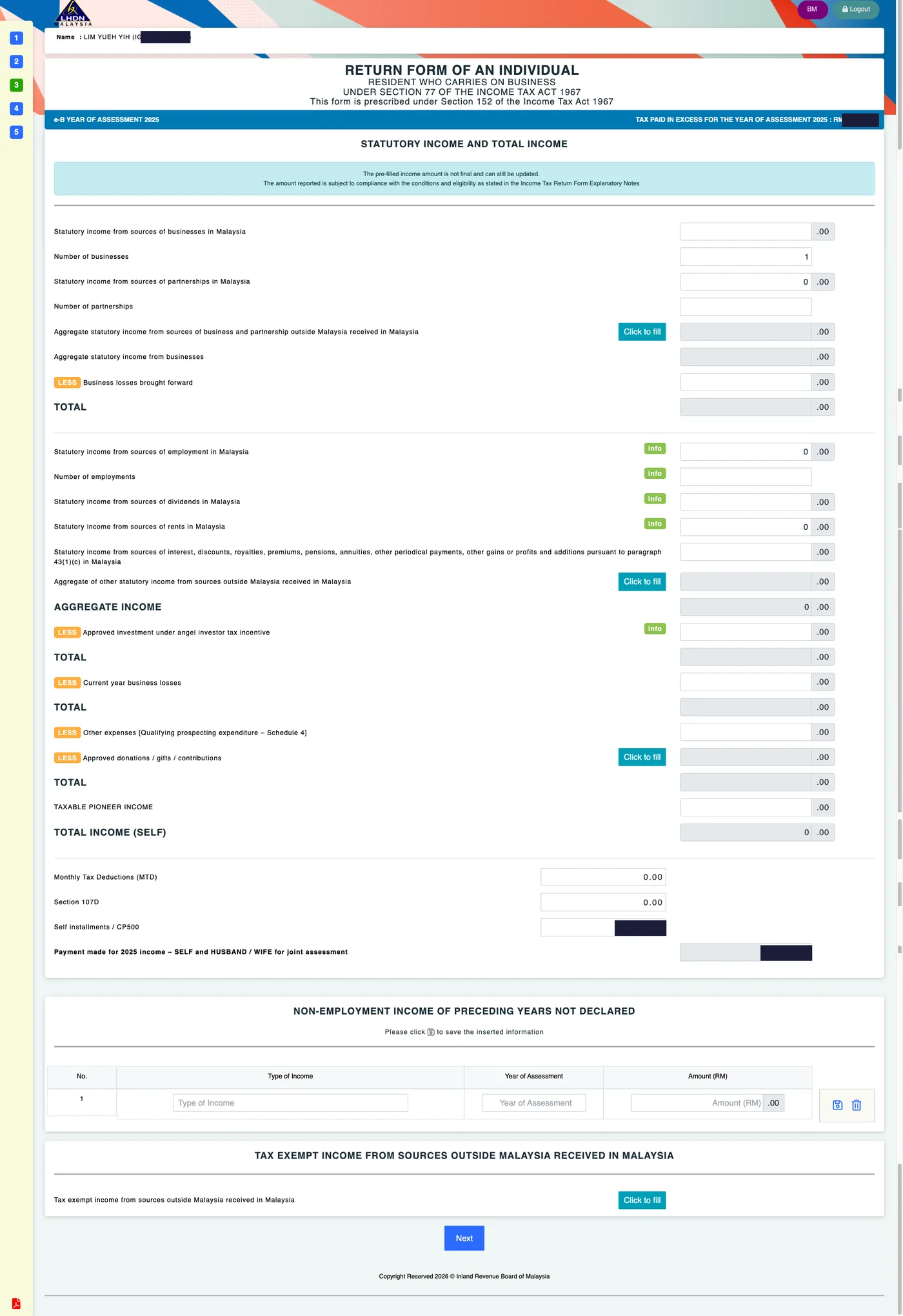 e-B Statutory Income and Total Income screen with business, employment and other income rows, MTD and CP500 fields, amounts redacted