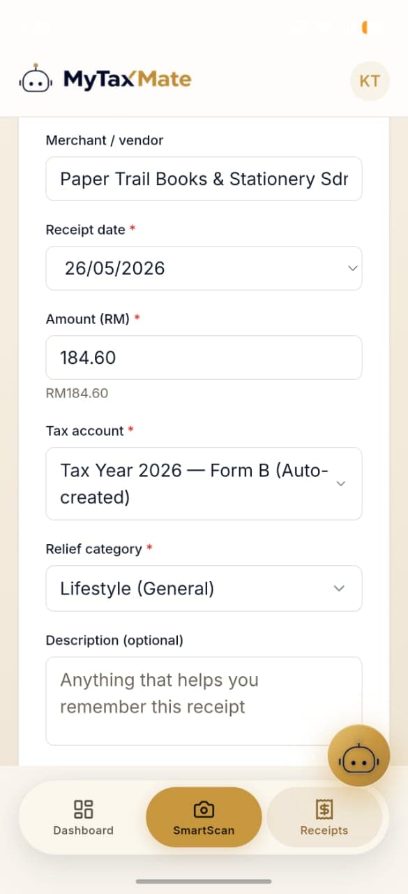 MyTaxMate receipt-capture screen with a Lifestyle relief category suggested automatically for a bookshop receipt