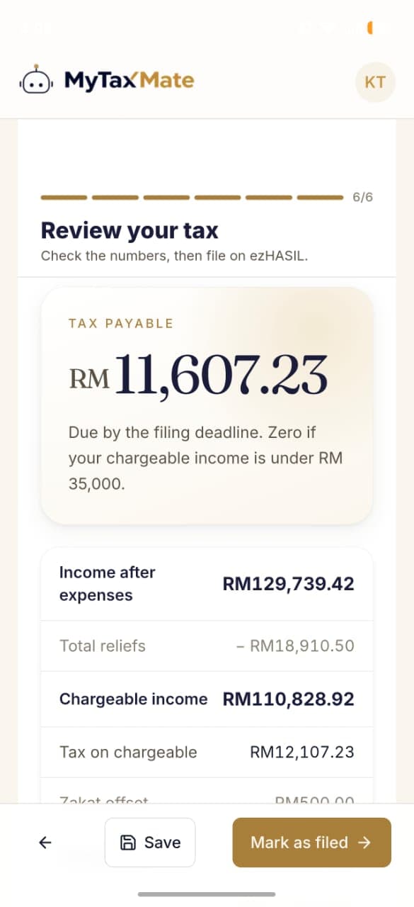 MyTaxMate review-your-tax screen showing the tax payable before you file