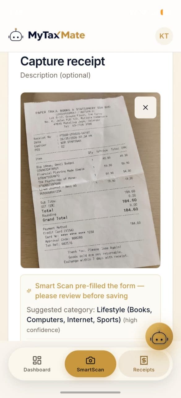 MyTaxMate capture-receipt screen with SmartScan pre-filling the details